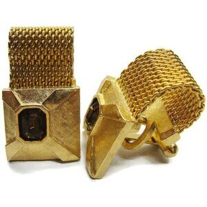 Mesh Chain Wrap Cufflinks Gold Tone Smokey Quartz Tux Shirt Suit Vintage